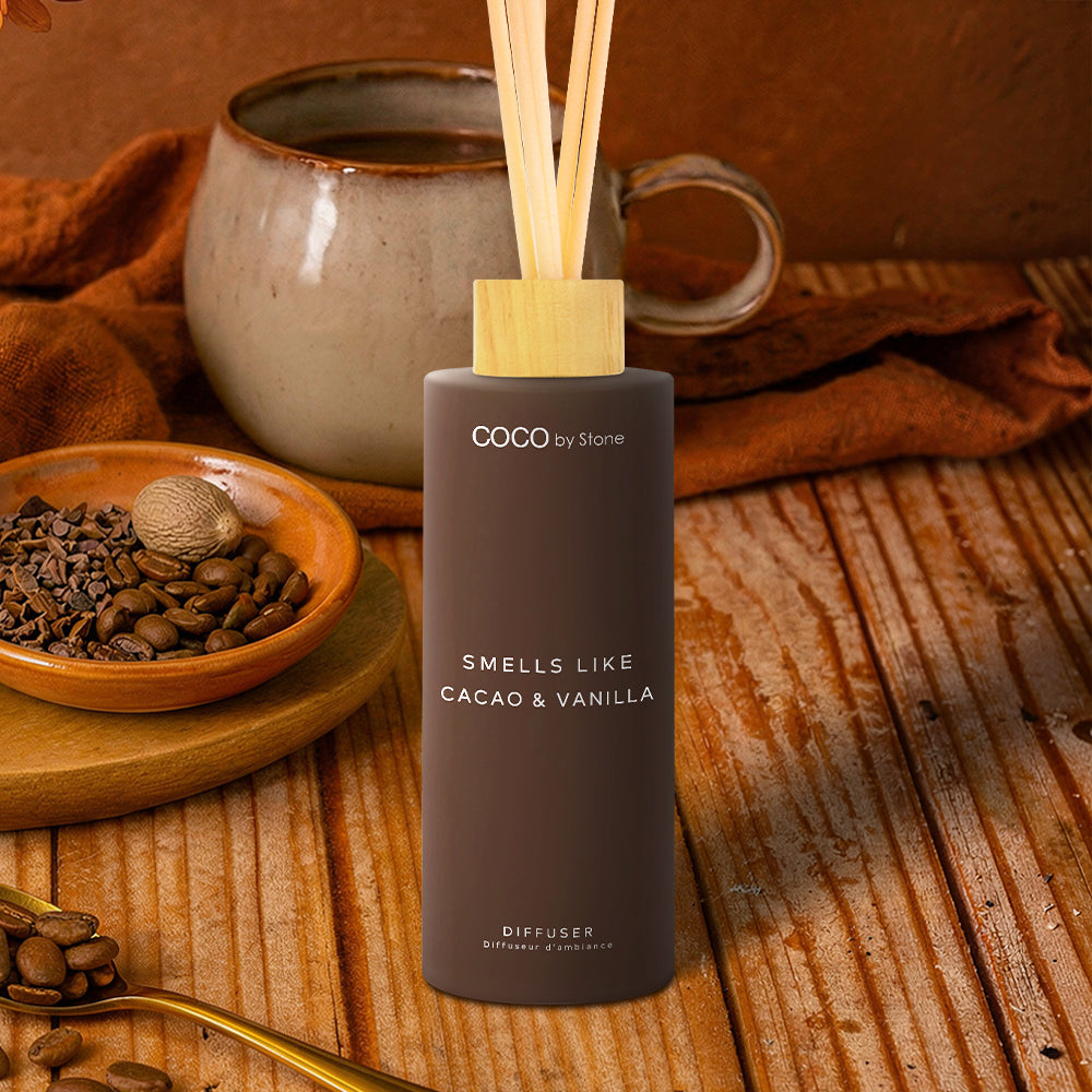Smells Like Cacao & Vanilla reed diffuser with natural reeds, 5 oz